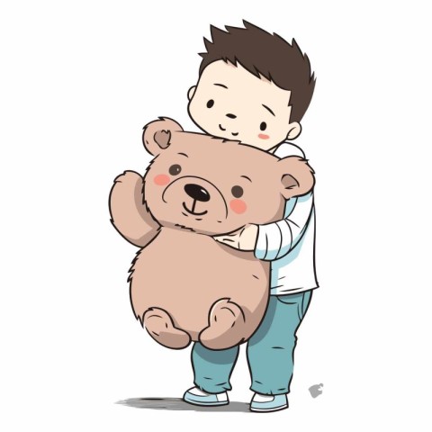 Illustration of a Cute Little Boy Hugging a Teddy Bear