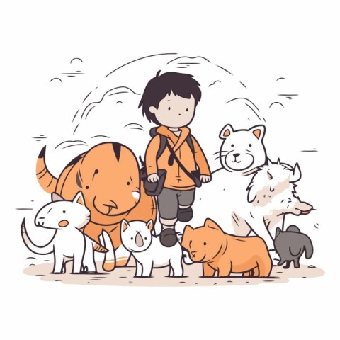 Cute boy walking with pets in hand drawn style.