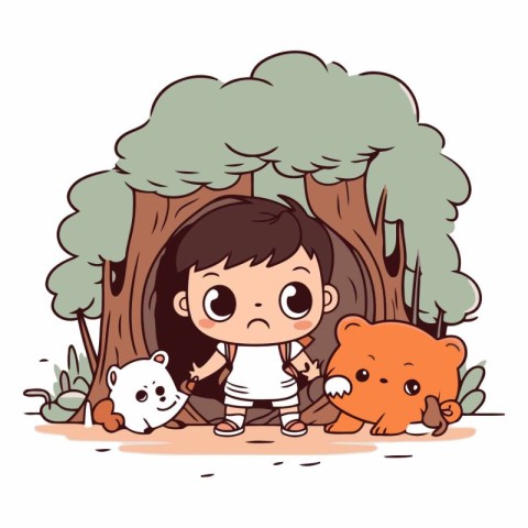 Little boy playing with bear in the forest cartoon style.