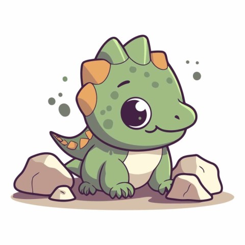 Cute little dinosaur sitting on the rocks. Cute cartoon vector i