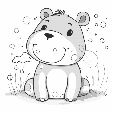 Cute hippo sitting in the grass on white background.