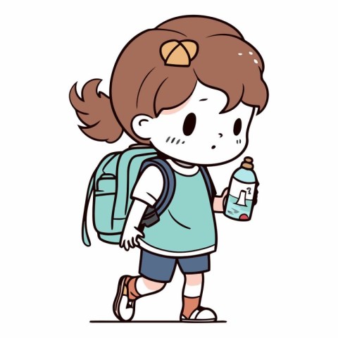 Girl going to school with backpack and water bottle.