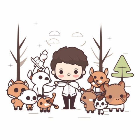 Cute little boy with a group of wild animals