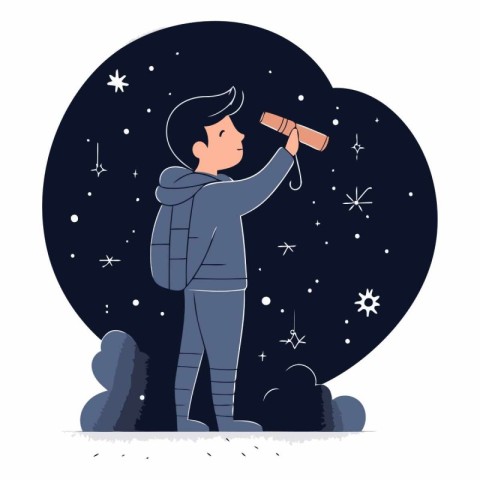 Vector illustration of a man with a telescope in the night sky.