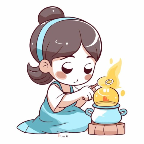 Cute little girl in a blue dress with a candle in her hands