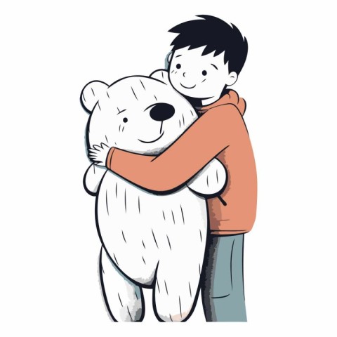 Cute boy hugging a big white polar bear.