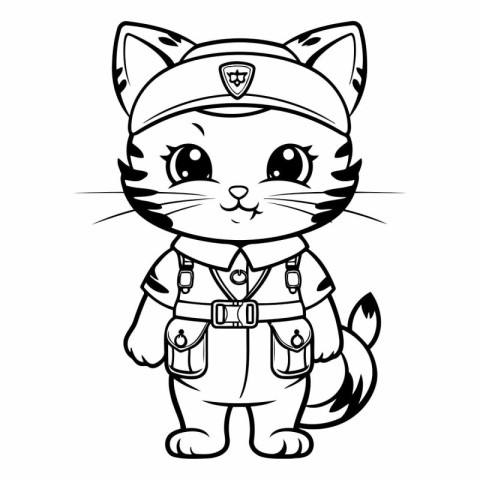 Black and White Cartoon Illustration of Cute Cat Police Officer