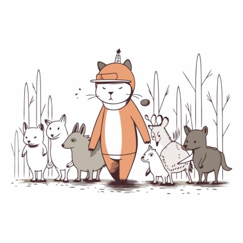 Vector illustration of a cute cartoon fox with a flock of wild a