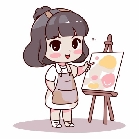 Illustration of a Cute Little Girl Painting on an Easel