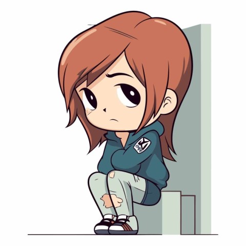 Sad little girl sitting on the stairs in cartoon style.