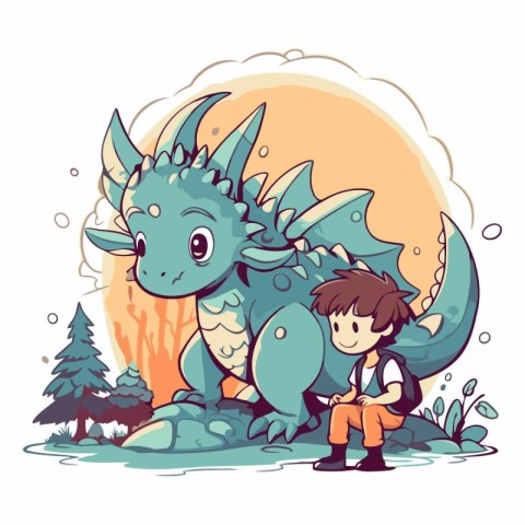 Cute cartoon stegosaurus and a boy.