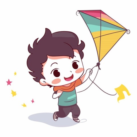 Cute boy playing with a kite. Vector cartoon illustration.