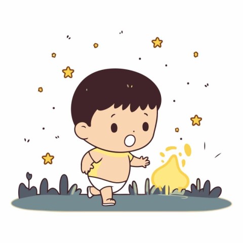 Cute little boy playing in the park. Vector cartoon illustration