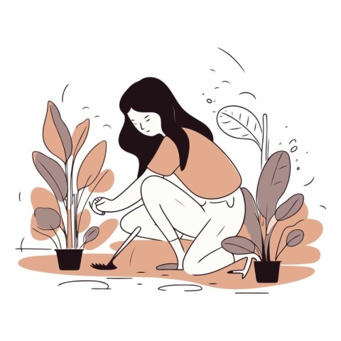 Vector illustration of a young woman planting a flower in the ga