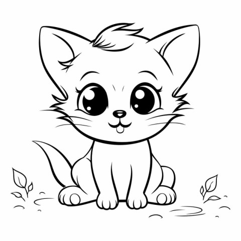 Cute cartoon cat sitting on the ground for coloring book.