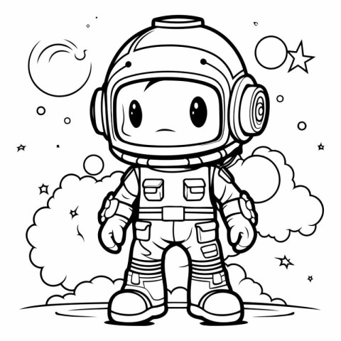 Black and White Cartoon Illustration of Cute Astronaut Character