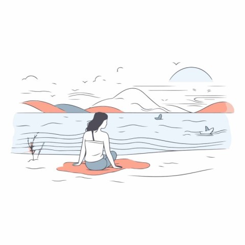 Woman meditating on the beach. Hand drawn vector illustration in