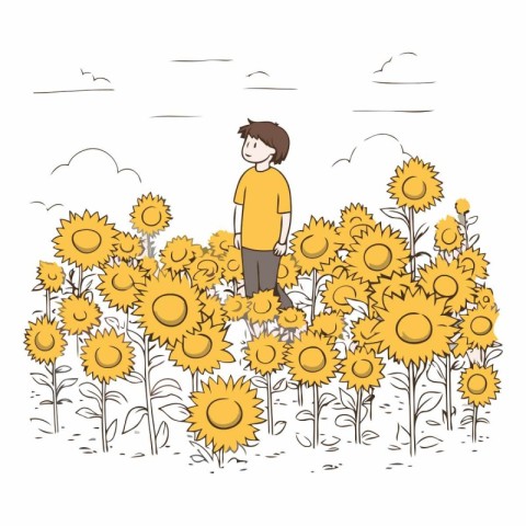 cute boy in sunflower field vector illustration graphic design v