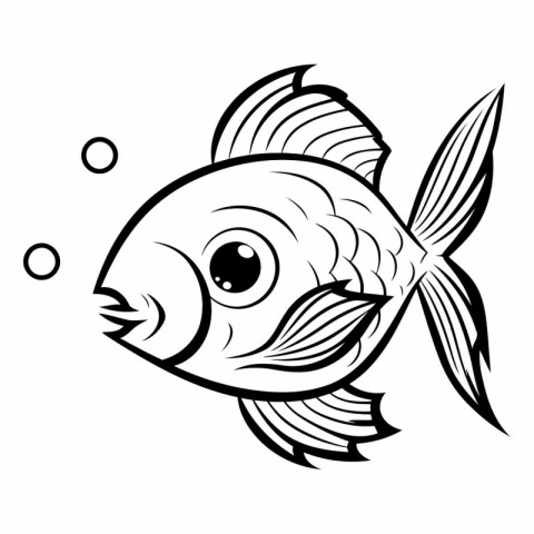 Black and White Cartoon Illustration of Cute Fish Character for