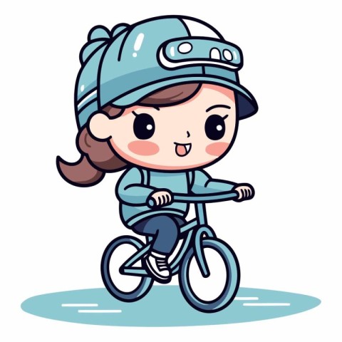 Cute Little Girl Riding Bicycle. Vector Cartoon Character Illust