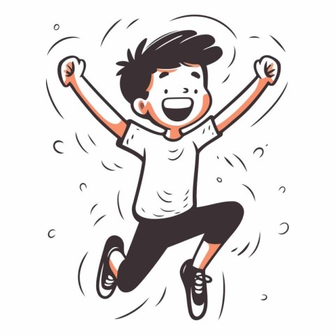 Happy boy jumping with raised hands in cartoon style.