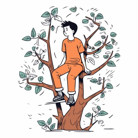 Young man sitting on a tree in sketch style.