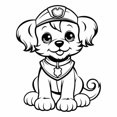 Cute Puppy Pilot - Black and White Cartoon Illustration. Vector