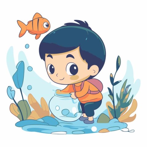 Cute little boy playing with a fish in a bowl.