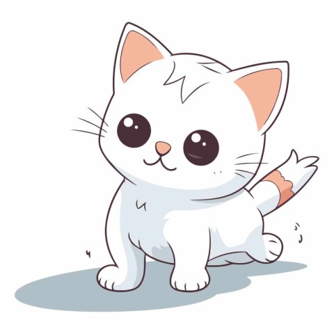 Cute cartoon white cat sitting on the floor.