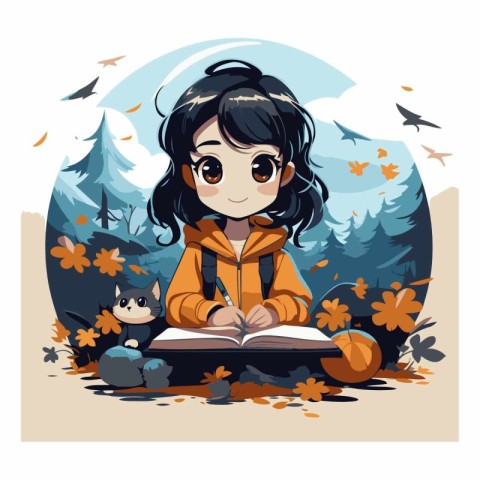 Cute little girl reading a book in autumn forest.