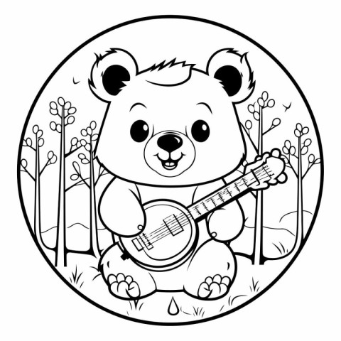 Cute bear playing guitar in the forest. Coloring book for childr