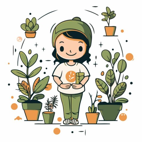 Cute little girl with houseplants in pots.