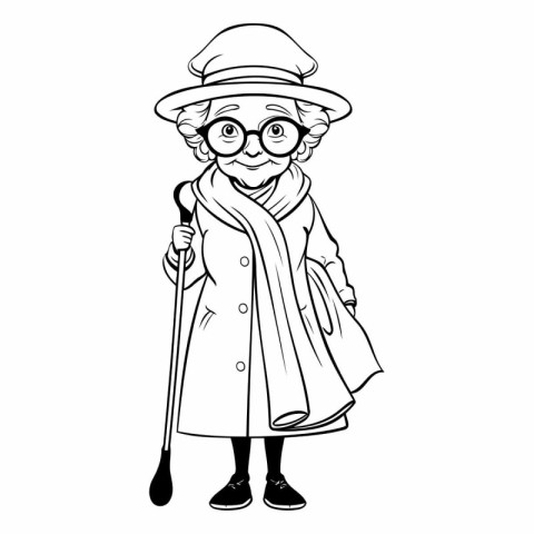 Grandmother with walking stick. Cartoon illustration of grandmot