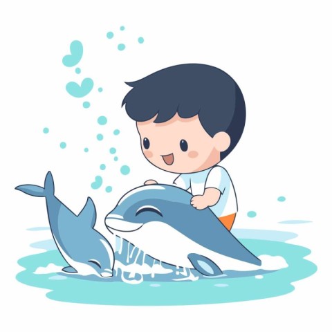 Cute little boy playing with dolphin in the water.