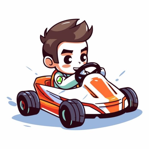 Cute cartoon boy driving go-kart.