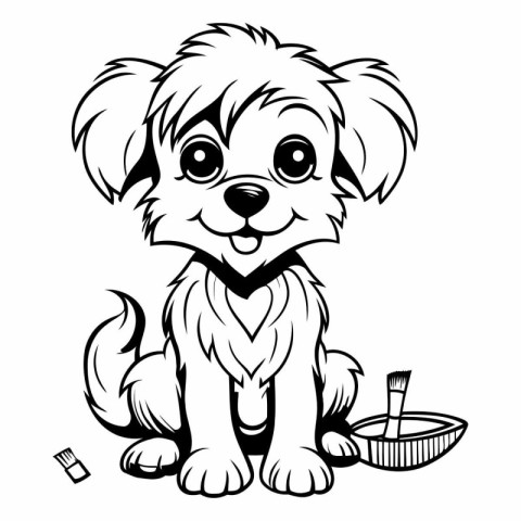 Cute Cartoon Puppy - Black and White Vector Illustration.