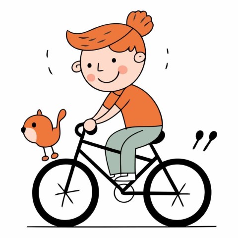 Vector illustration of a girl riding a bicycle with a little dog