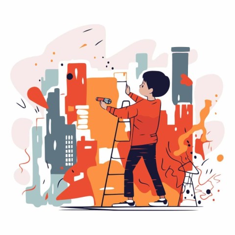 Man paints the wall with paint roller. Flat style vector illustr