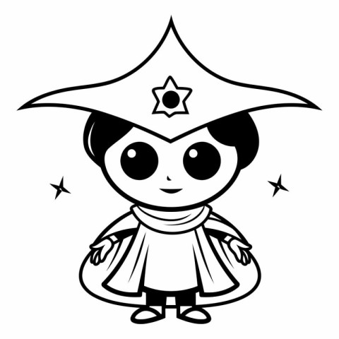 Black and White Cartoon Illustration of Cute Little Wizard Chara