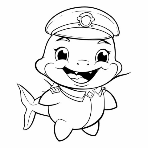 Black and White Cartoon Illustration of Cute Baby Shark Sailor C