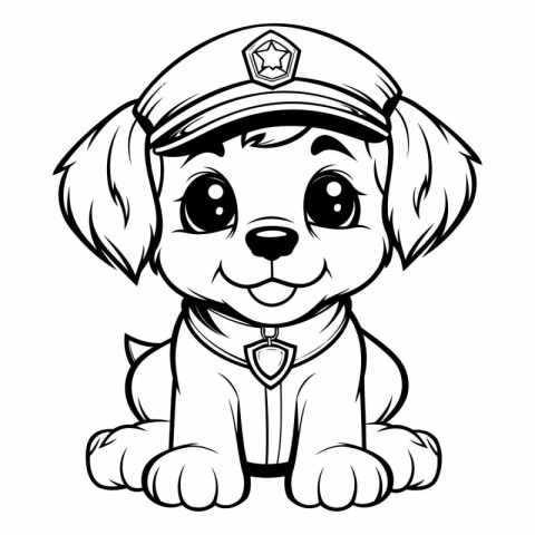 Black and White Cartoon Illustration of Cute Puppy Police Dog Ma