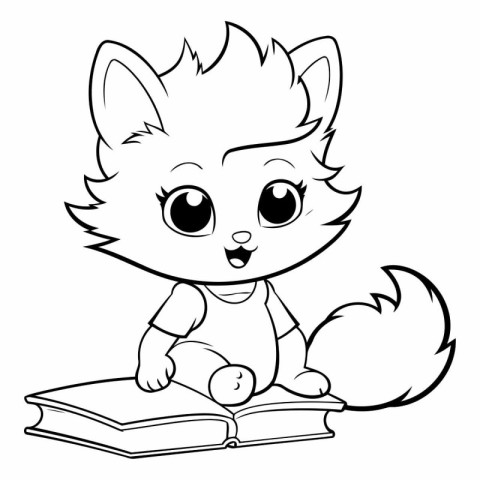 Black and White Cartoon Illustration of Cute Little Fox Reading