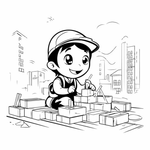 Cute cartoon boy playing at construction site for your design