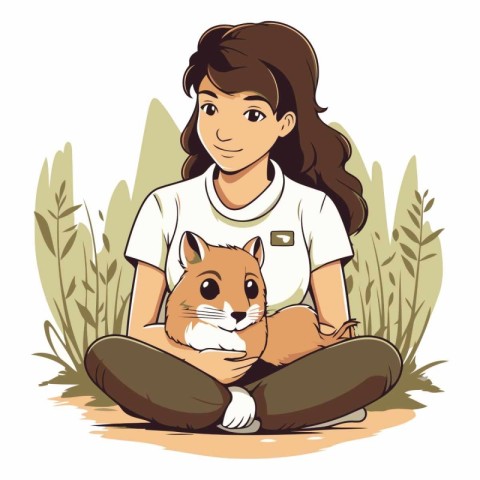 Vector illustration of a girl sitting with a cat in her lap.