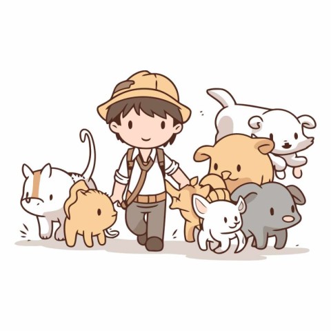 Illustration of a boy with a group of animals on a white backgro