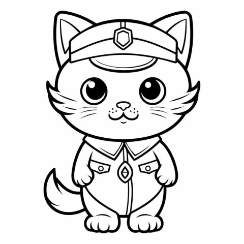 Black and White Cartoon Illustration of Cute Cat Captain Charact