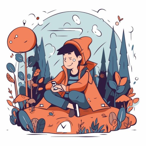 Vector illustration of a young man in a raincoat sitting in the