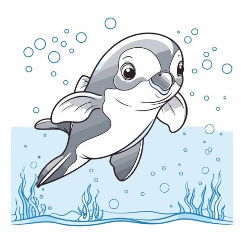 Cute cartoon penguin swimming in the water.