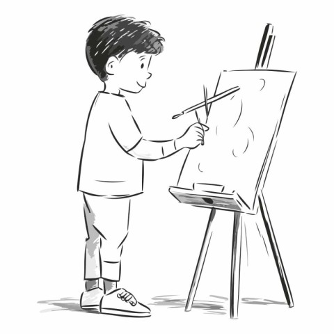 Illustration of a boy painting a picture on a easel.