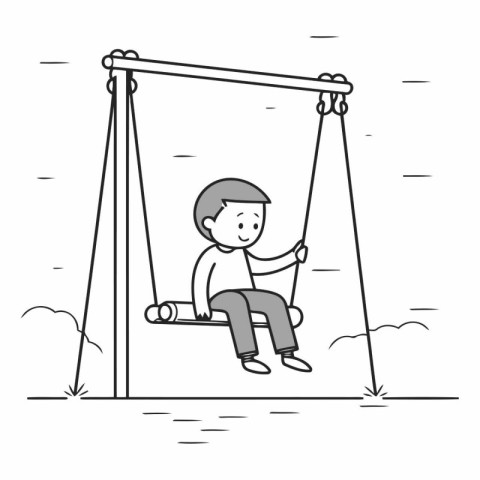 Boy swinging on a swing. Black and white vector illustration for